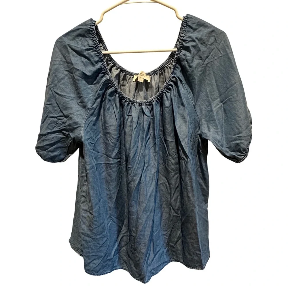 Loft Women's Blue Lyocell Chambray Puff Sleeve Scoop Neck Blouse Top Size S NWOT